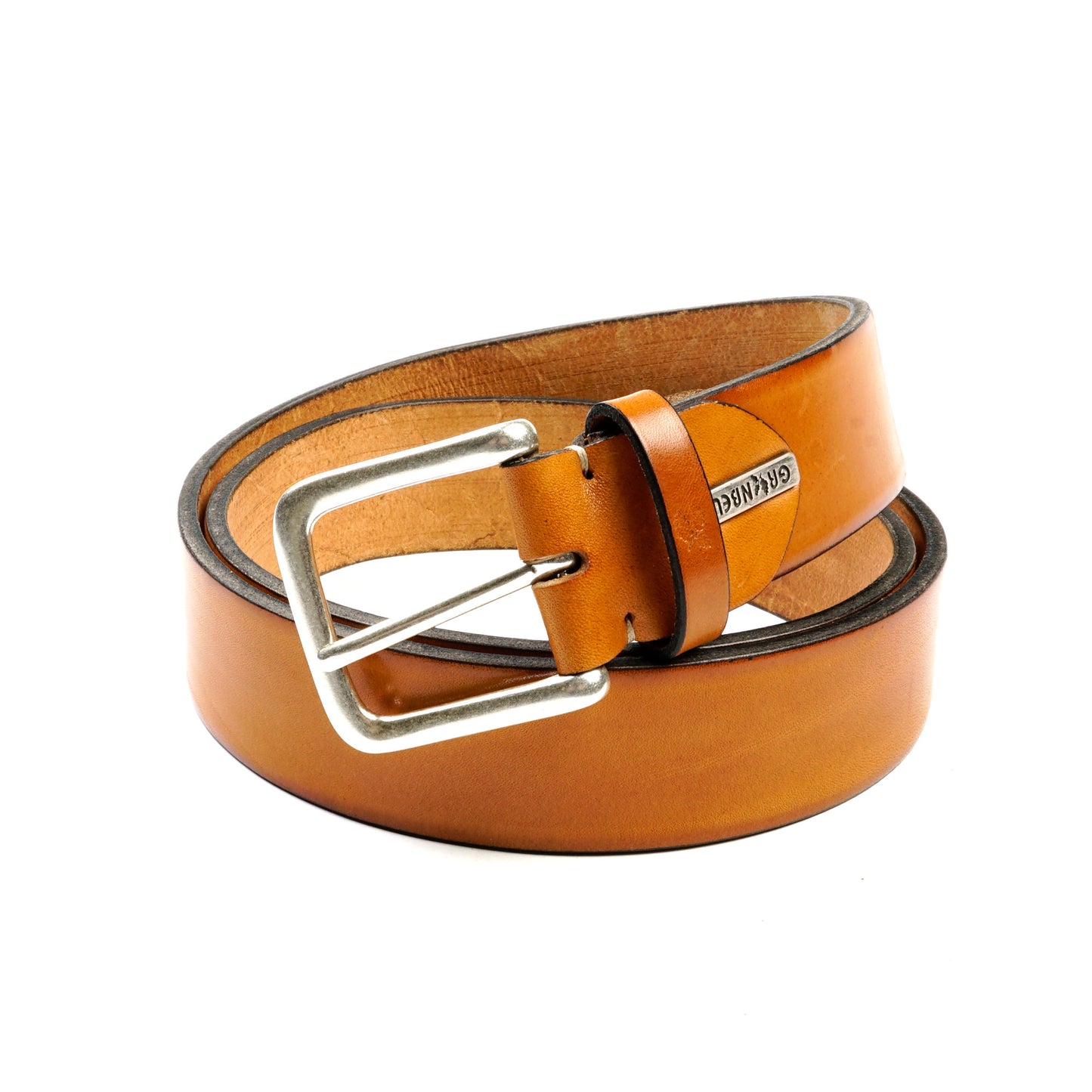 Greenbelt leatherbelt silver brass buckle cognac