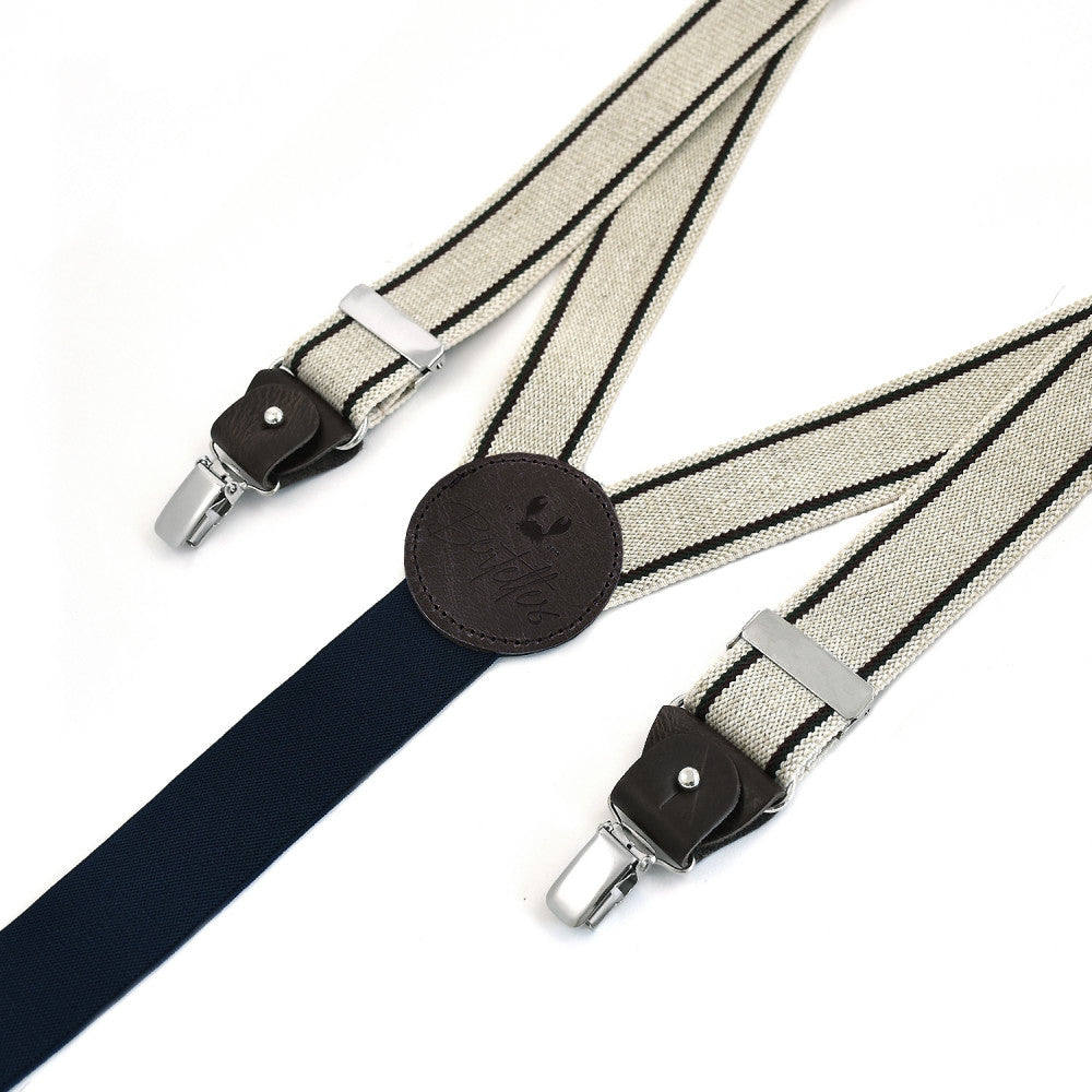 Breite Clip-On-Hosenträger - Ecru mit bordeauxfarbenen und grünen Streifen