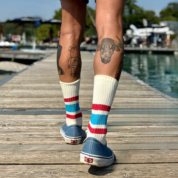 Rucker Sock Natural - Light Blue & Red Stripes