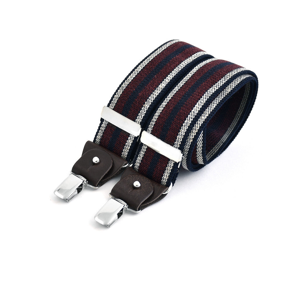 Wide clip-on braces - Navy with Bordeaux and Ecru stripes