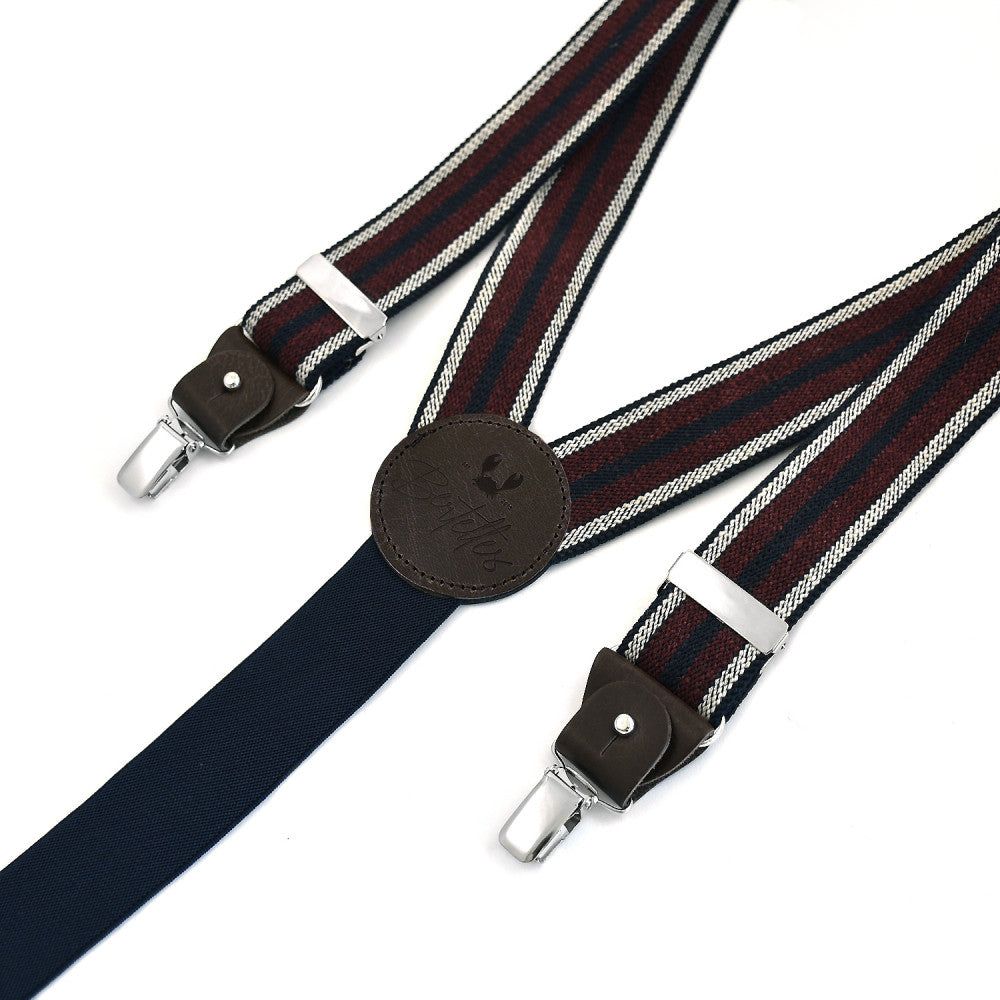 Breite Clip-Hosenträger – Marineblau mit Streifen in Bordeaux und Ecru
