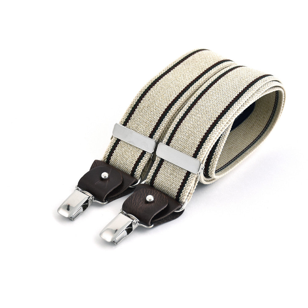 Breite Clip-On-Hosenträger - Ecru mit bordeauxfarbenen und grünen Streifen